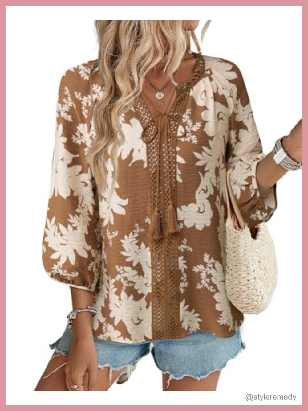 Women's 3/4 Sleeve Boho Tunic Top V Neck Lace Crochet Floral Blouse